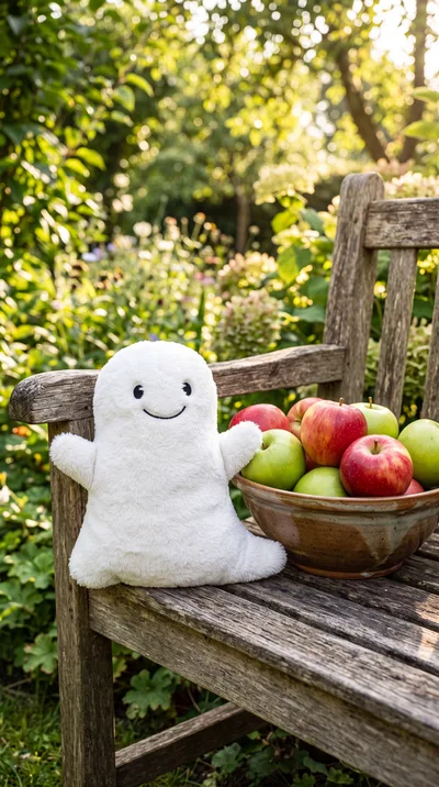 Plush Ghost Toy Sitting With Bowl Of Apples