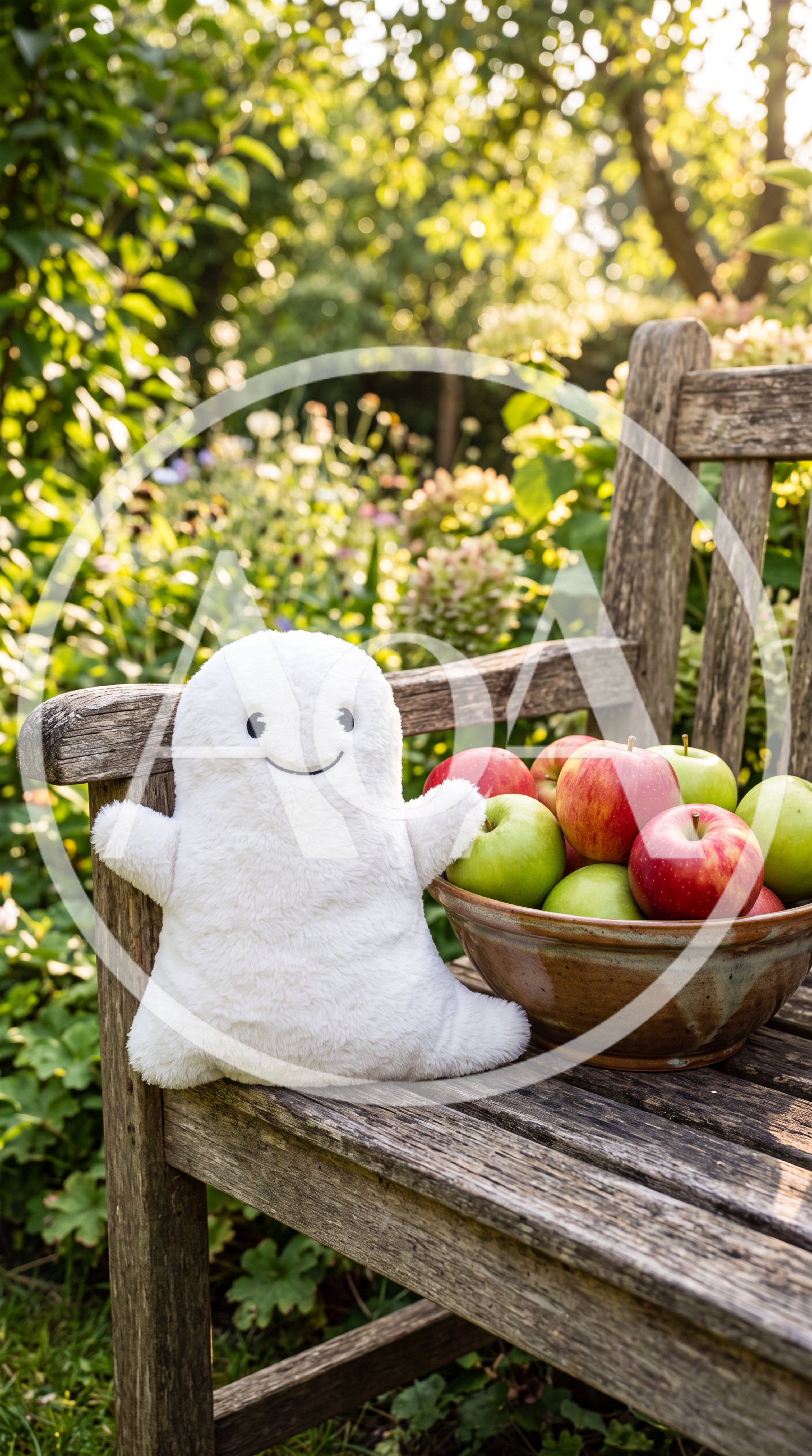 Plush Ghost Toy Sitting With Bowl Of Apples