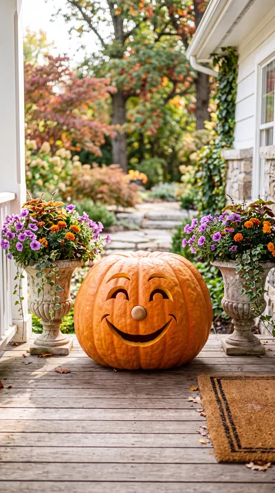 Carved Jack O Lantern Pumpkin On Porch