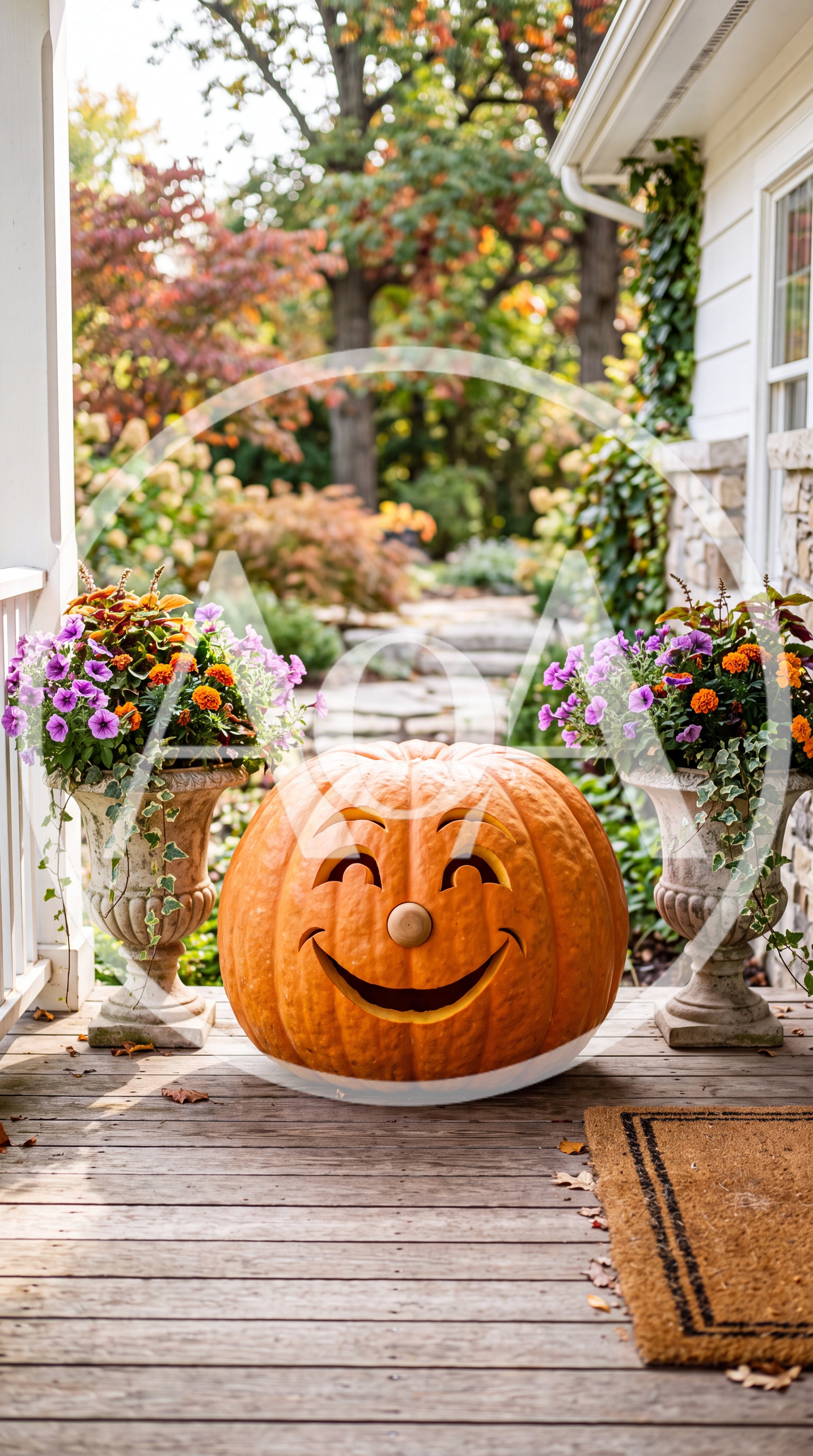 Carved Jack O Lantern Pumpkin On Porch