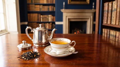 Silver Teapot And Cup Of Tea In Library