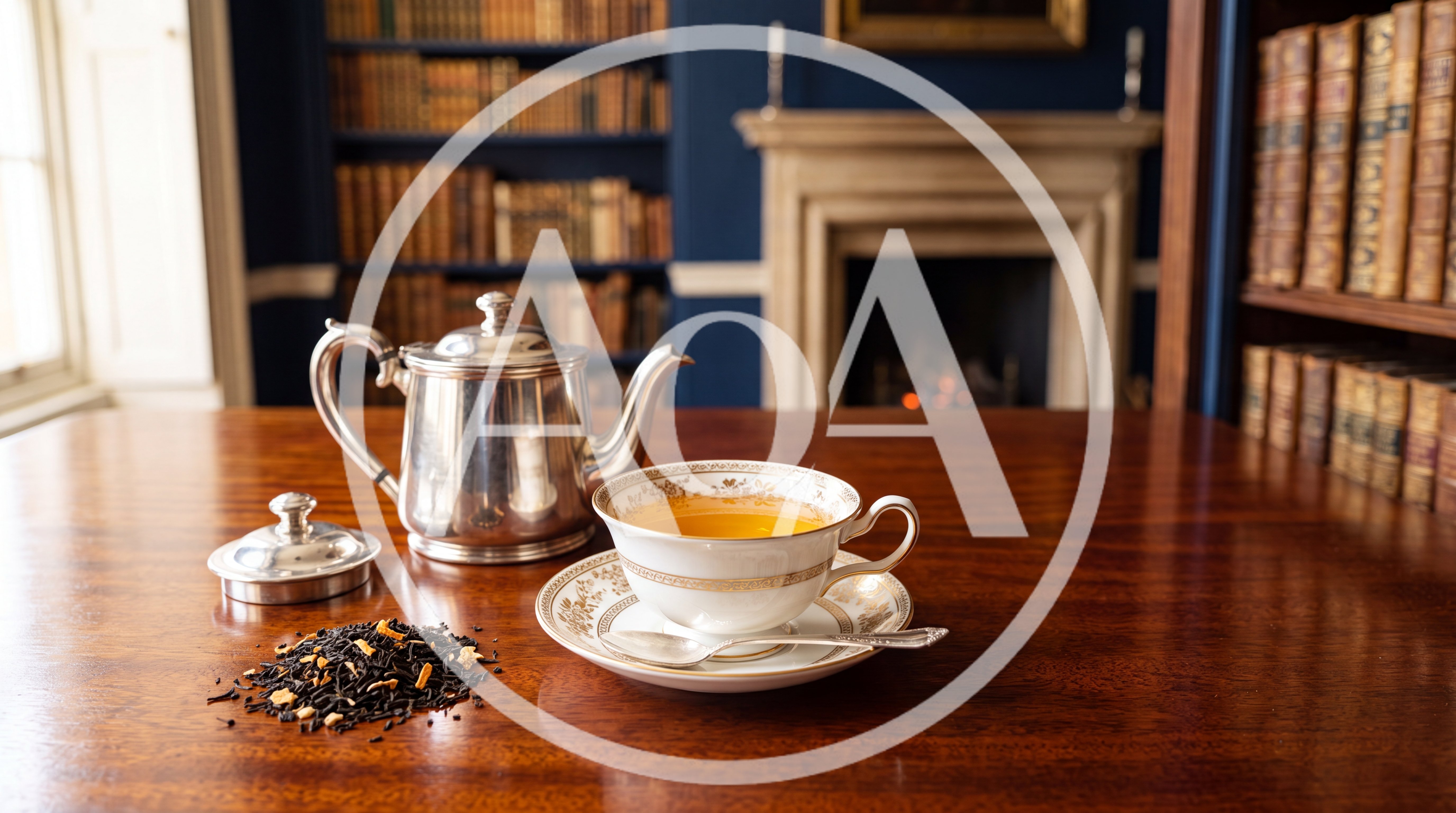 Silver Teapot And Cup Of Tea In Library