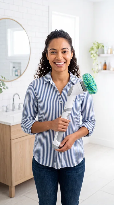 Smiling Woman Holding Electric Cleaning Brush In Bathroom