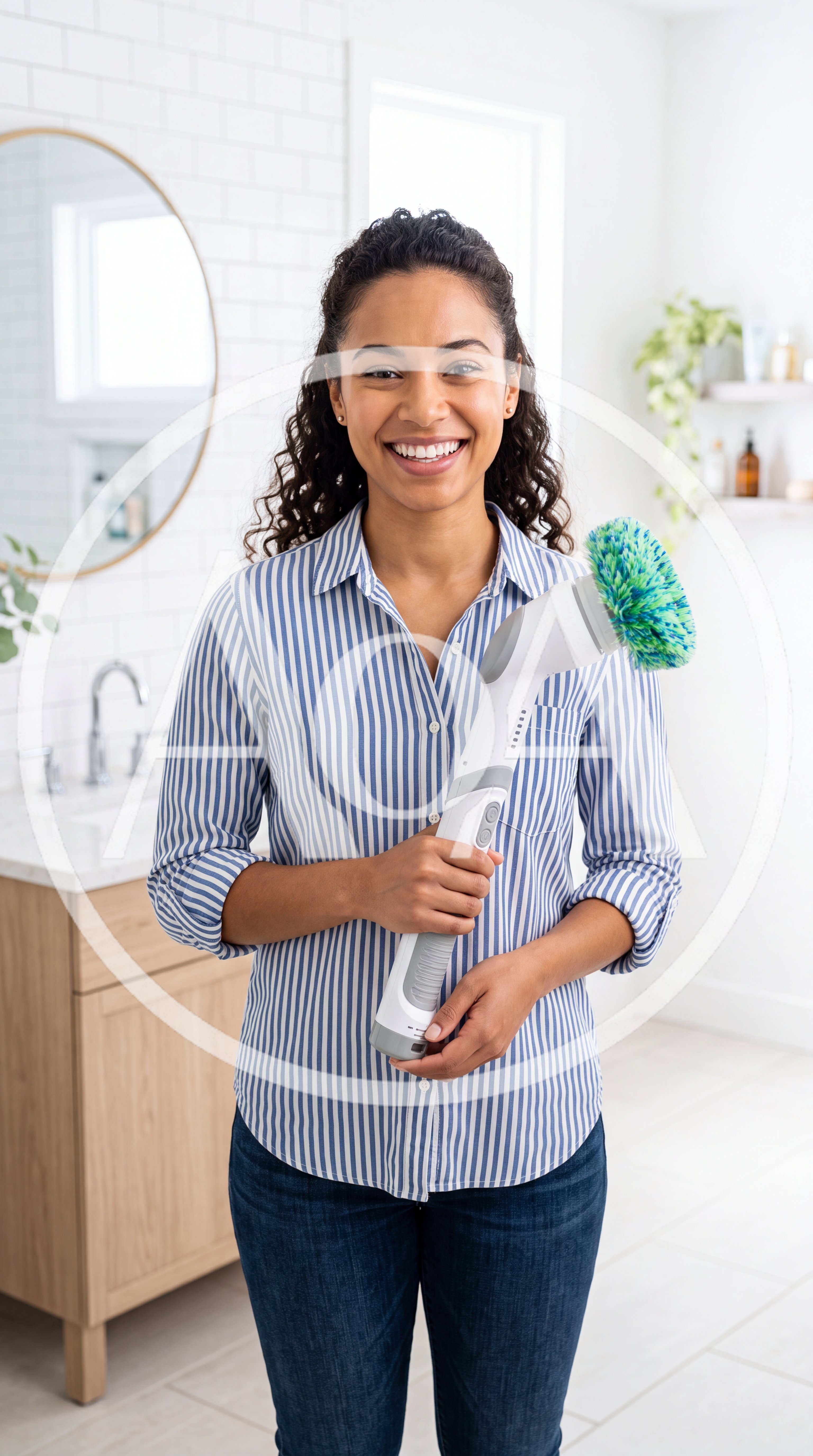 Smiling Woman Holding Electric Cleaning Brush In Bathroom
