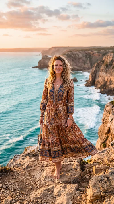 Woman Standing On Coastal Cliff At Sunset