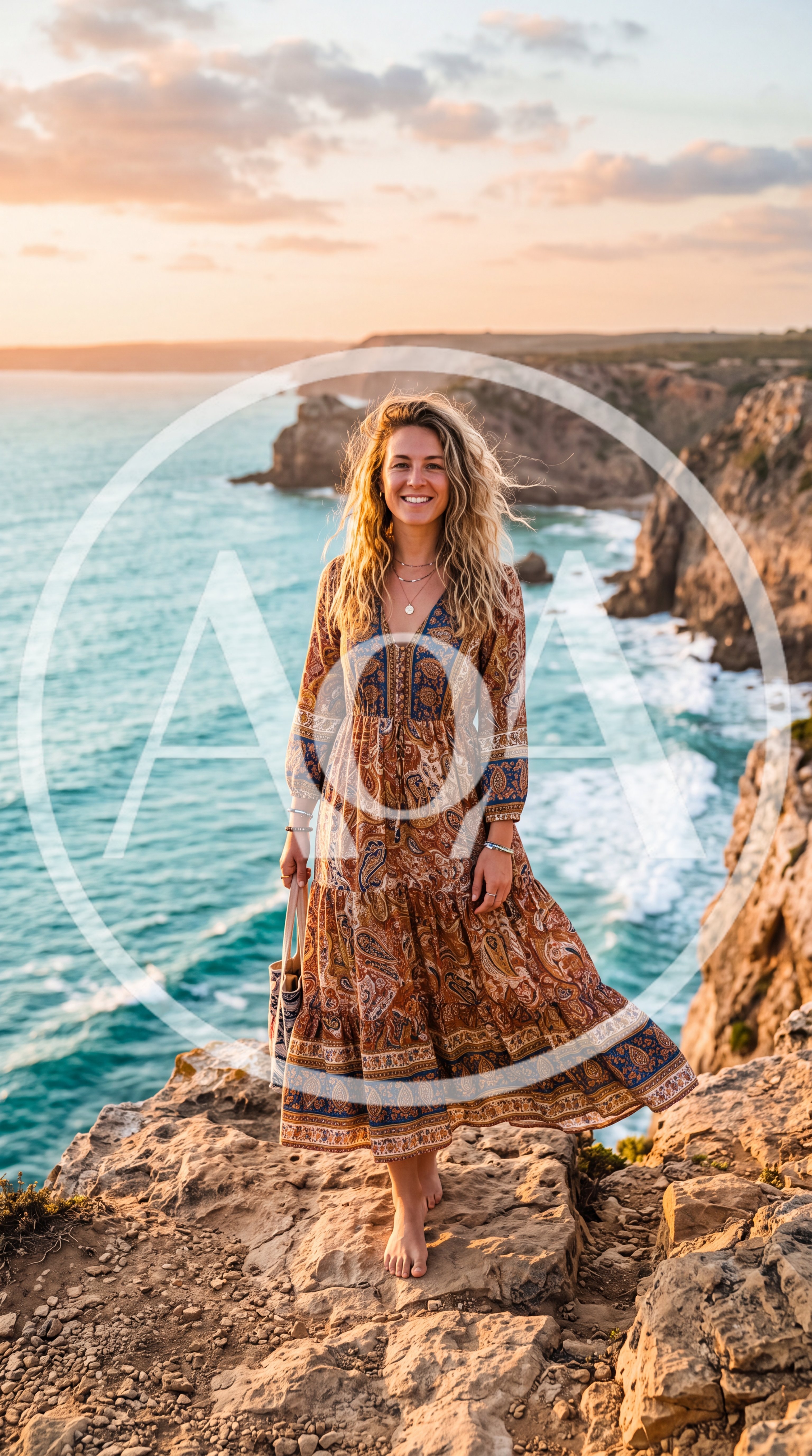 Woman Standing On Coastal Cliff At Sunset