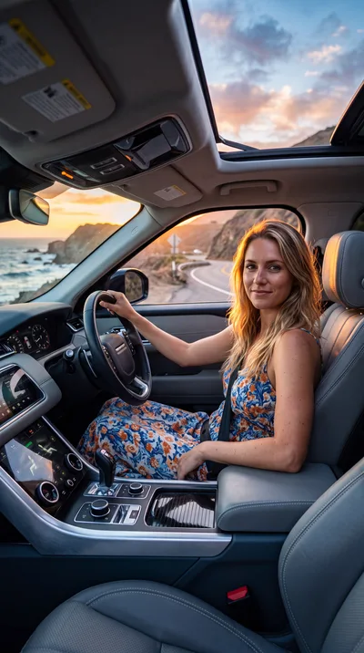 Woman Driving Luxury SUV Along Coastal Highway At Sunset