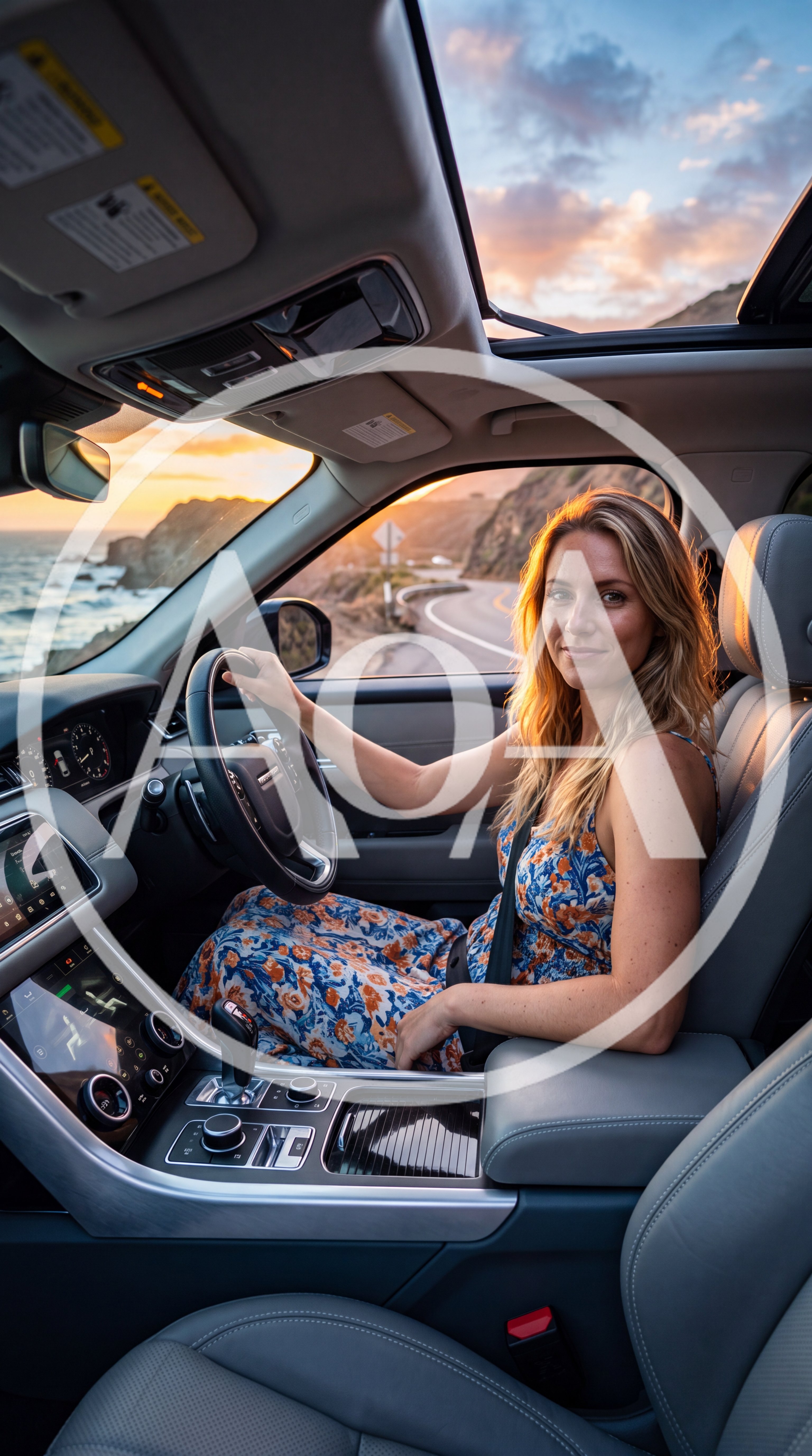 Woman Driving Luxury SUV Along Coastal Highway At Sunset