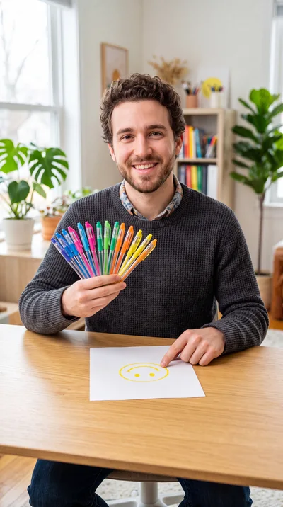 Smiling Man Holding Colorful Pens Over Smiley Face Drawing