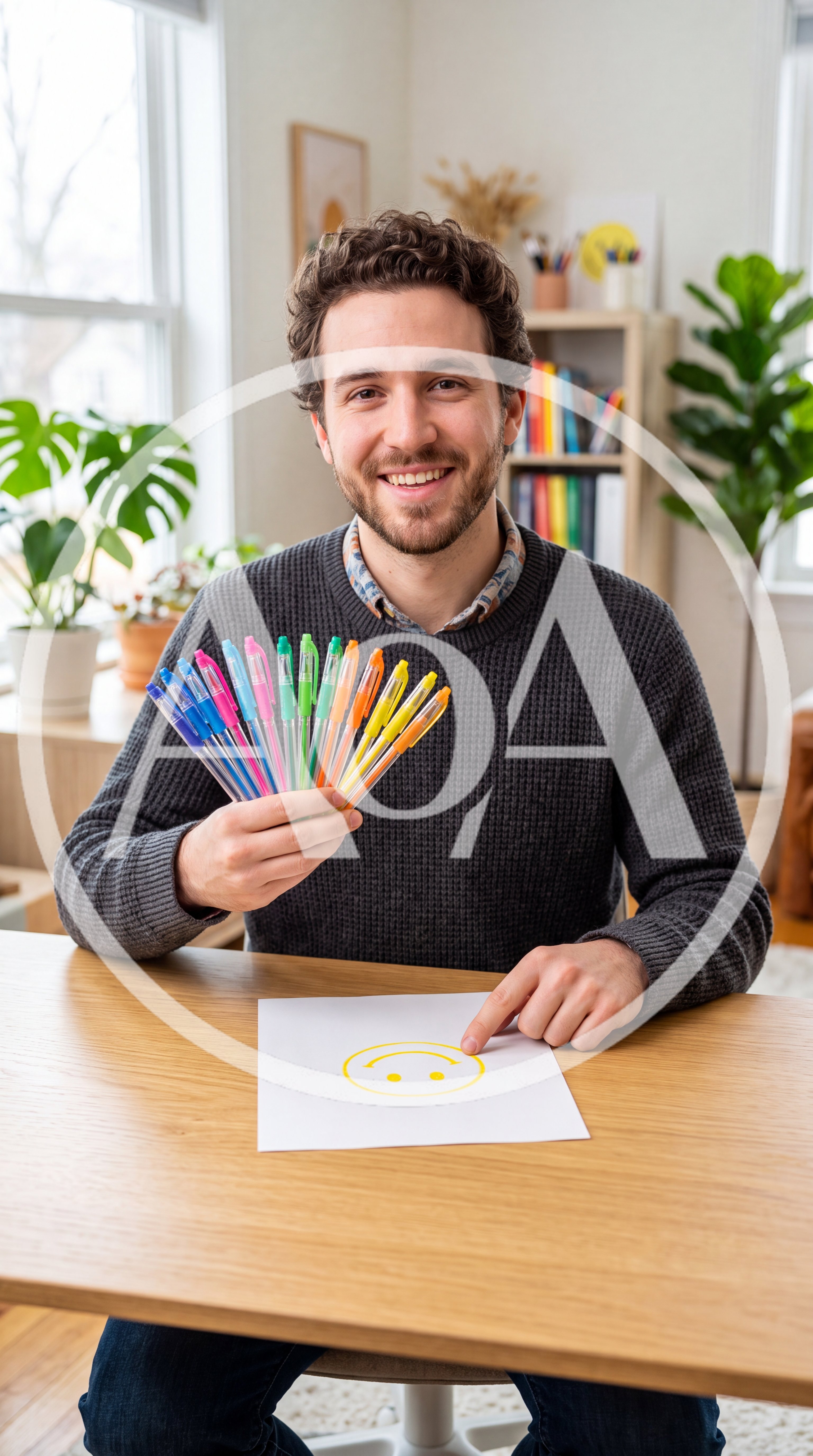 Smiling Man Holding Colorful Pens Over Smiley Face Drawing