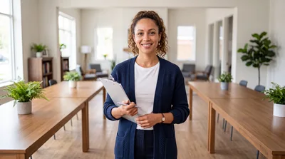 Professional Woman Holding Clipboard In Modern Office Space