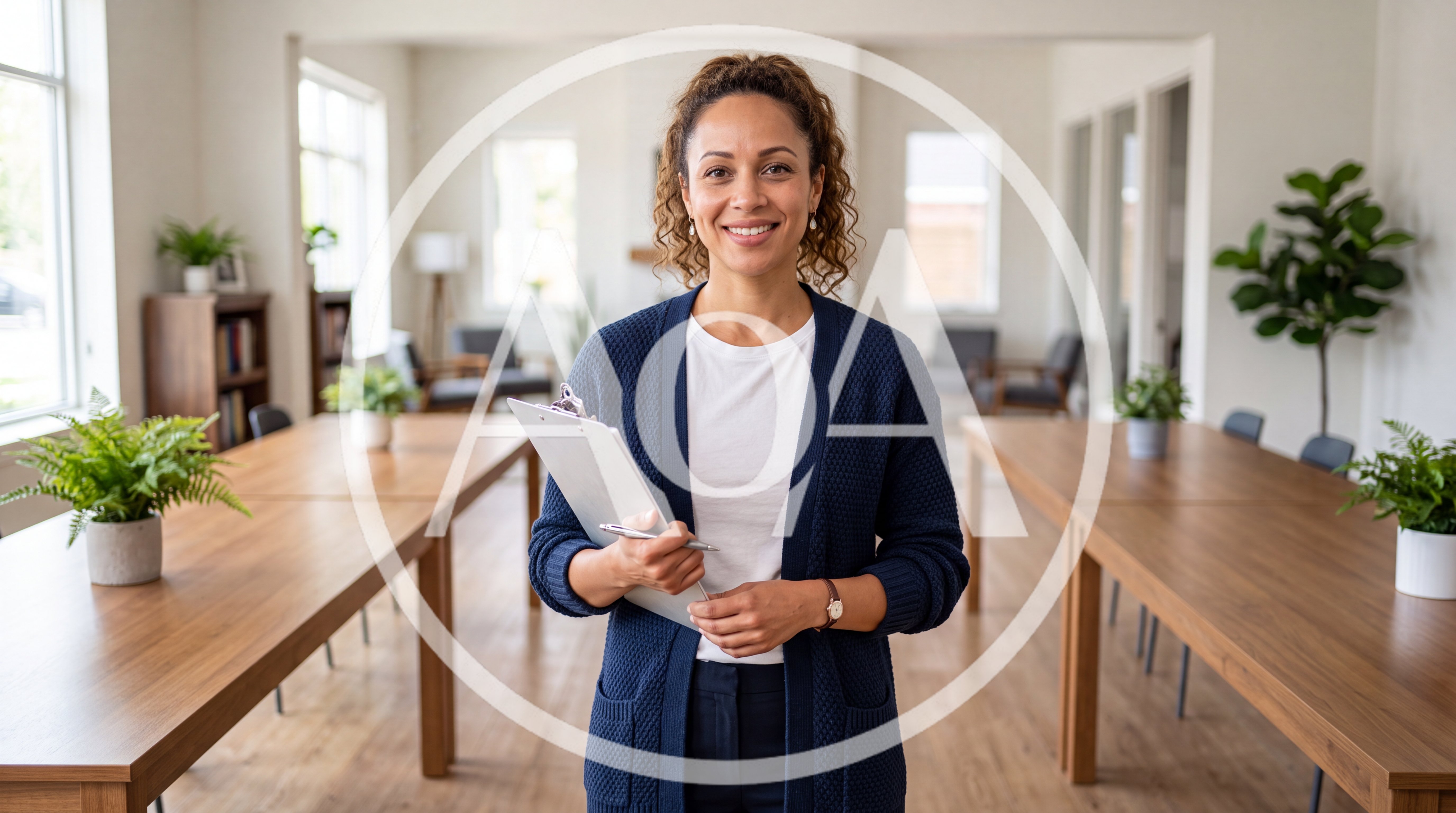 Professional Woman Holding Clipboard In Modern Office Space