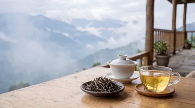Tea Ceremony Setup on a Mountain Balcony