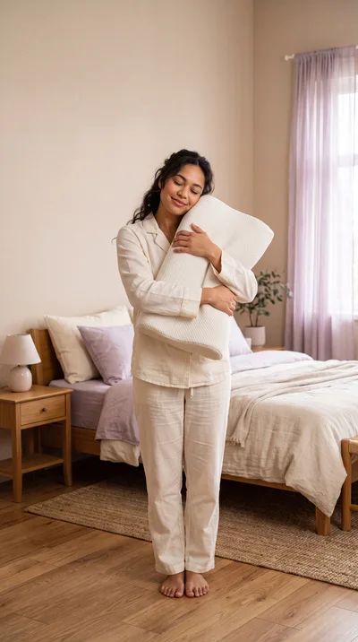 Young Woman Hugging A Comfortable Pillow In Bedroom