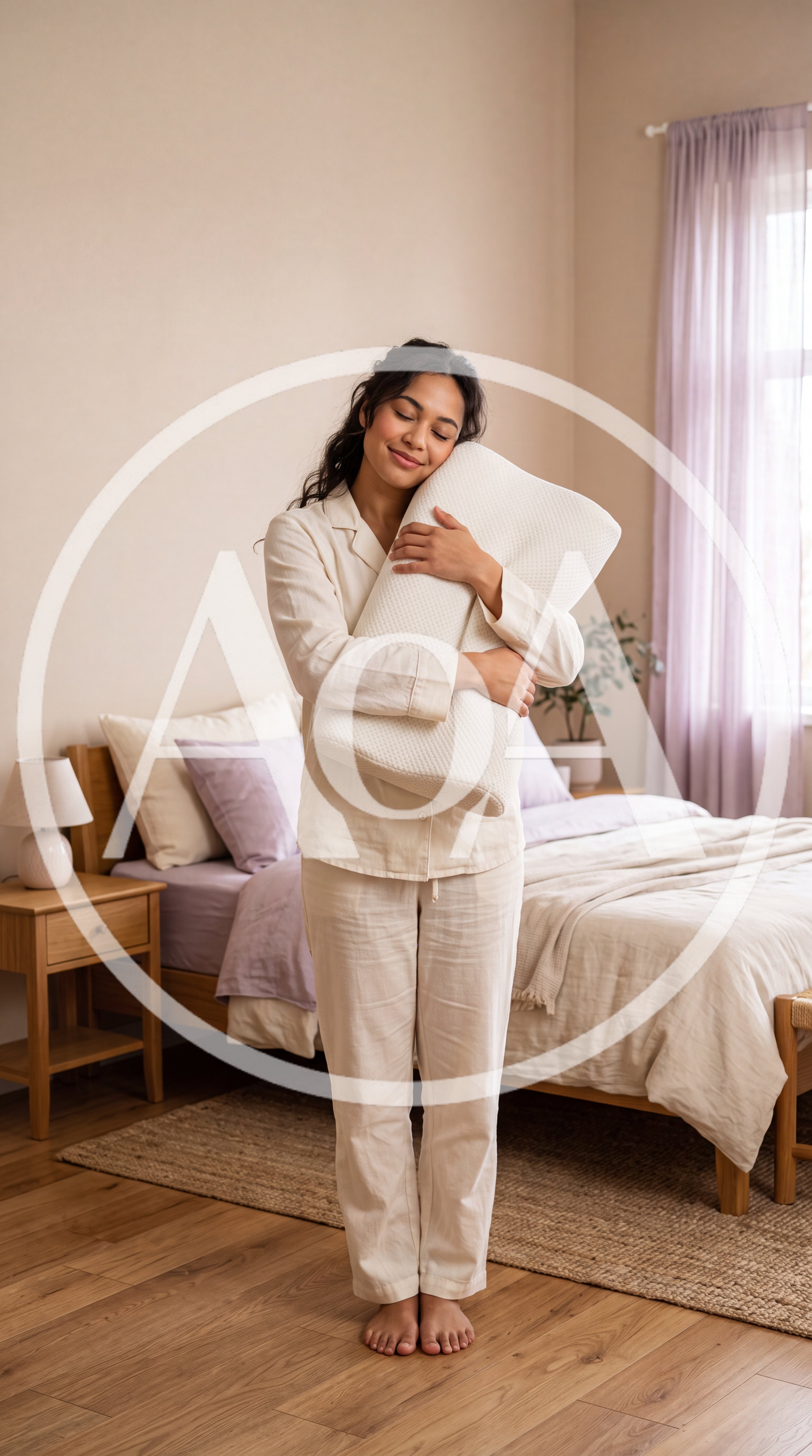 Young Woman Hugging A Comfortable Pillow In Bedroom