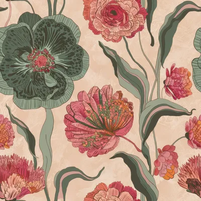 Seamless Floral Pattern With Stylized Pink And Green Flowers