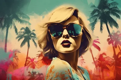Stylish Woman With Sunglasses In Tropical Palm Setting