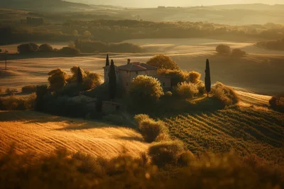 Tuscan Farmhouse At Sunset In Rolling Hills