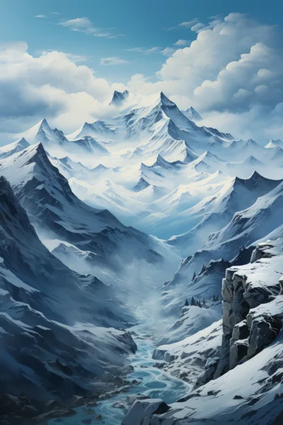 Majestic Snow Covered Mountain Range With Glacial River