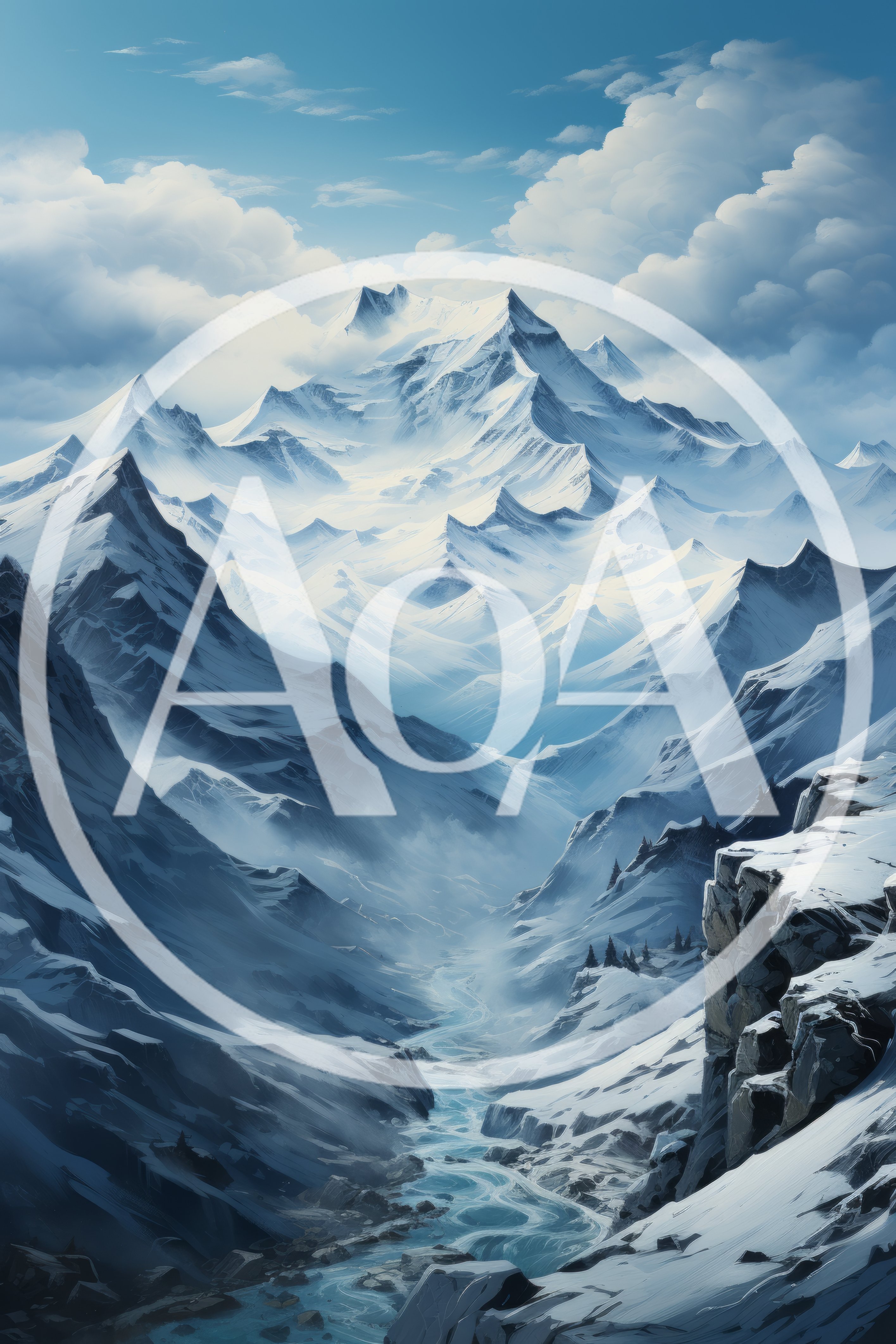 Majestic Snow Covered Mountain Range With Glacial River