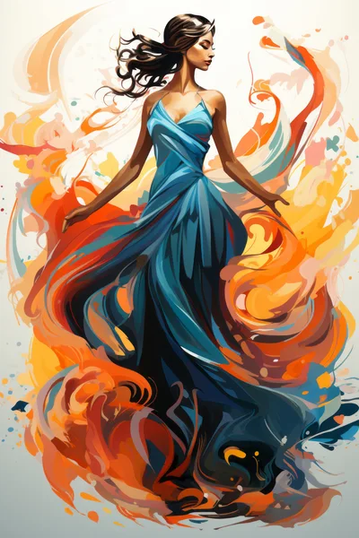 Elegant Woman In Flowing Blue Dress With Abstract Swirls