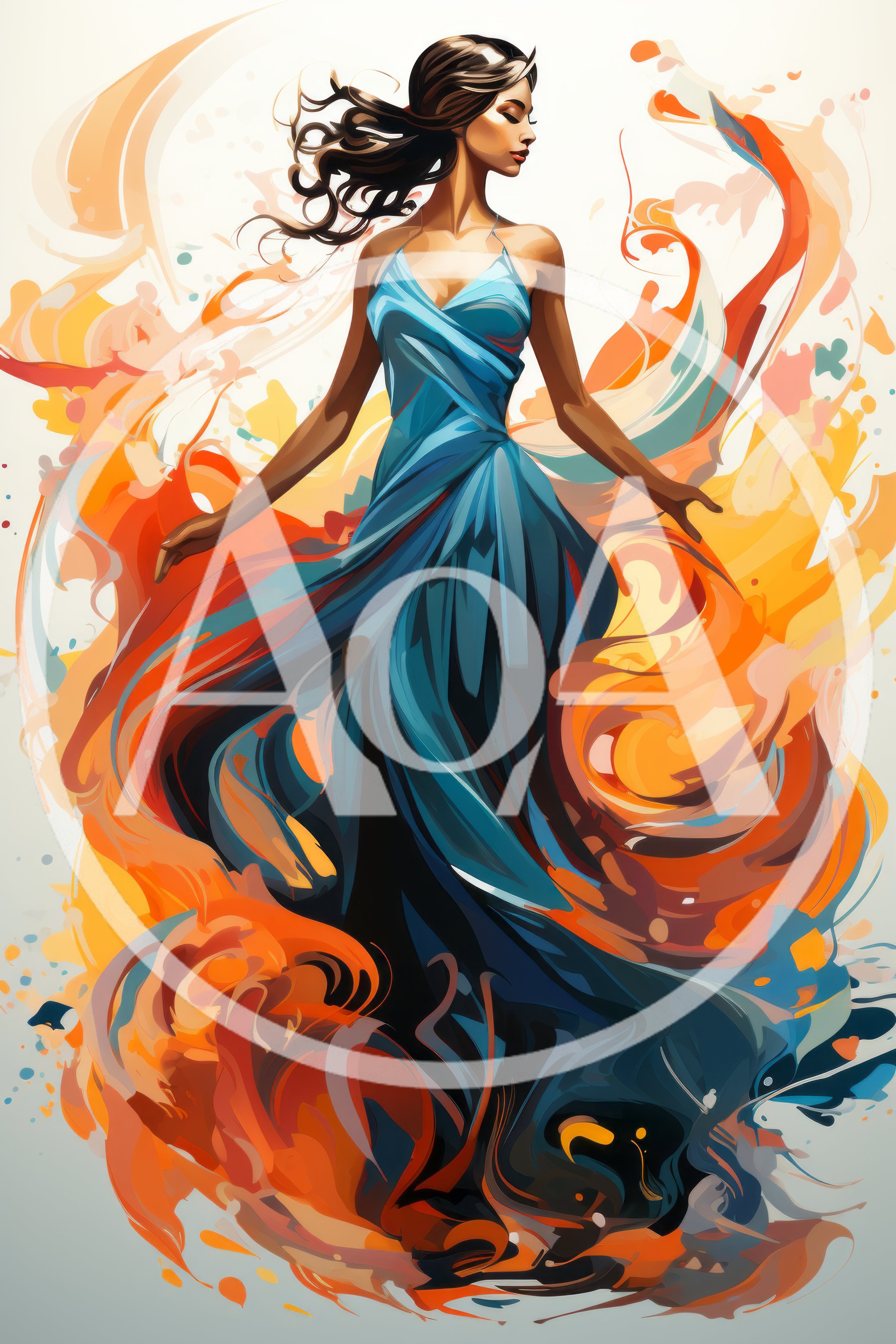 Elegant Woman In Flowing Blue Dress With Abstract Swirls