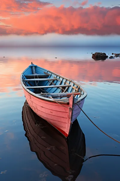 Pink Wooden Rowboat Floating on Calm Still Water