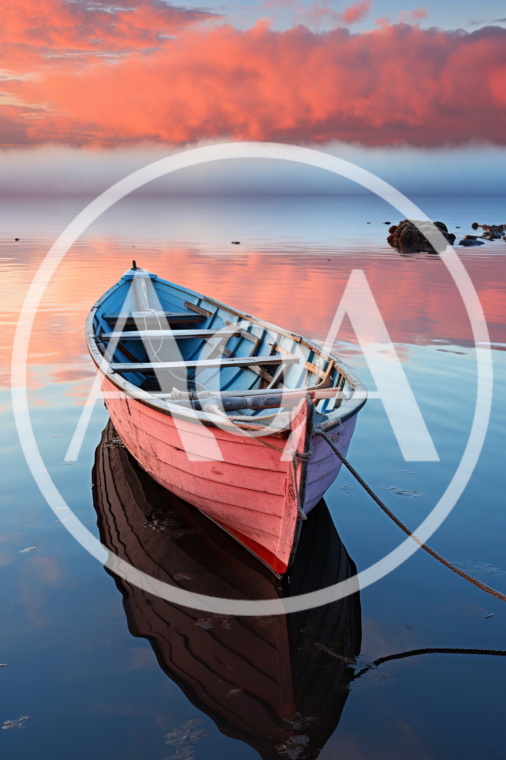 Pink Wooden Rowboat Floating on Calm Still Water