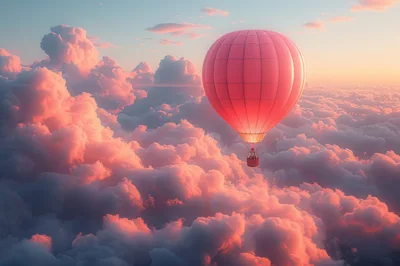 Pink Hot Air Balloon Floating Above Sunset Clouds