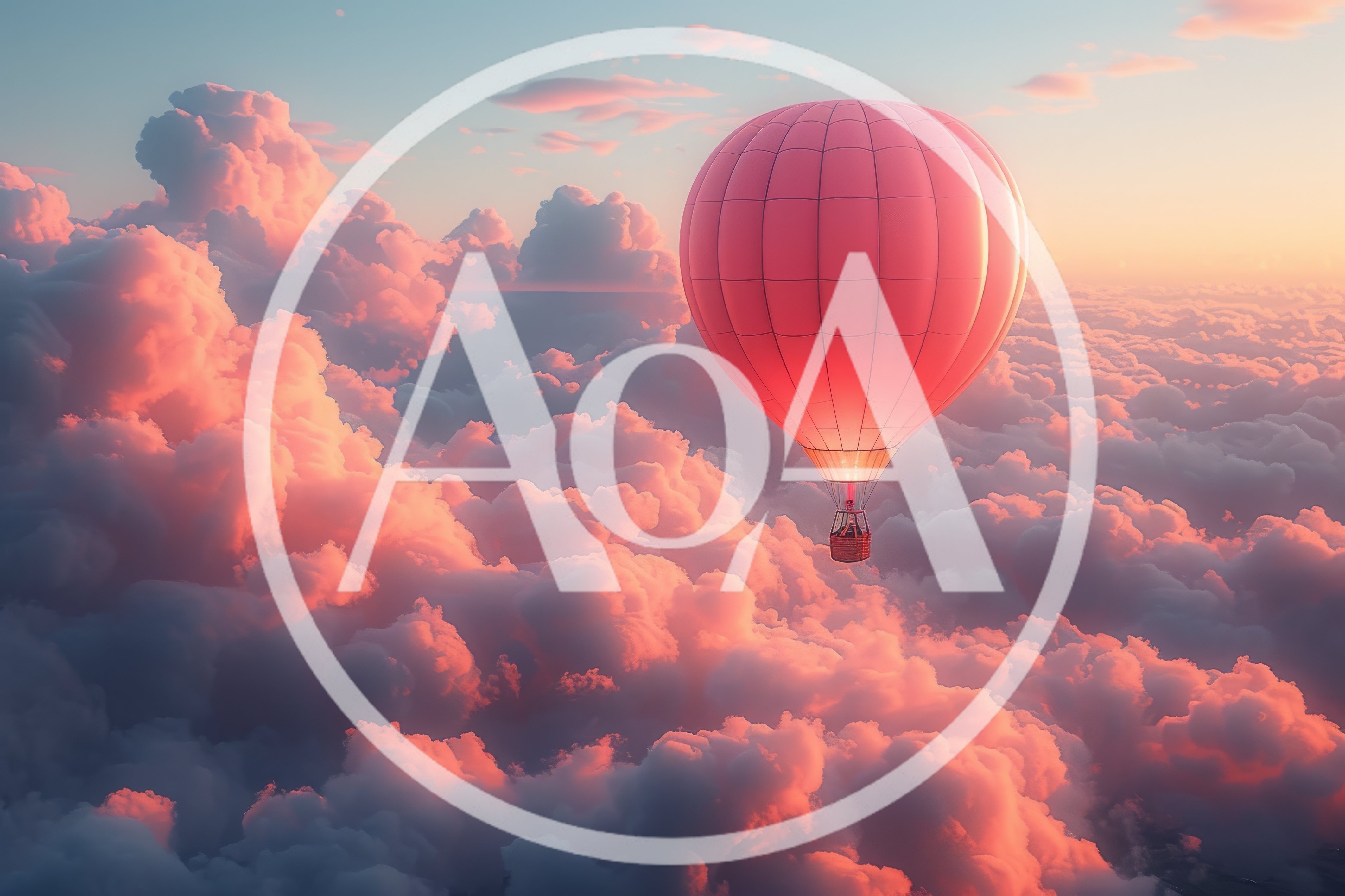 Pink Hot Air Balloon Floating Above Sunset Clouds