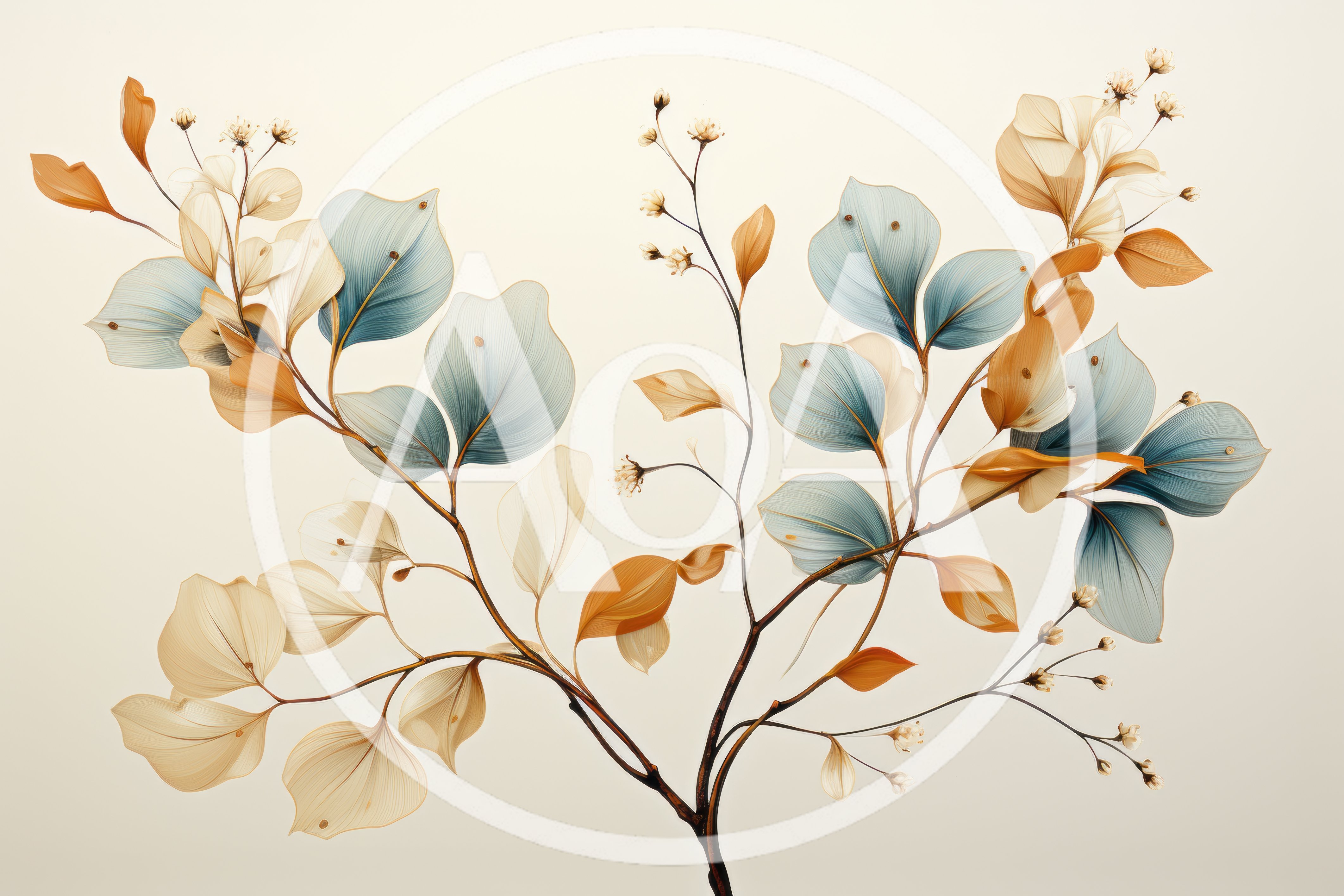 Elegant Botanical Illustration With Blue And Gold Leaves