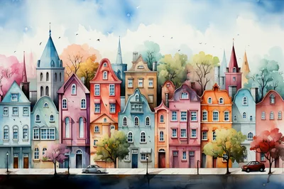 Watercolor Illustration Of A Colorful European Town Street