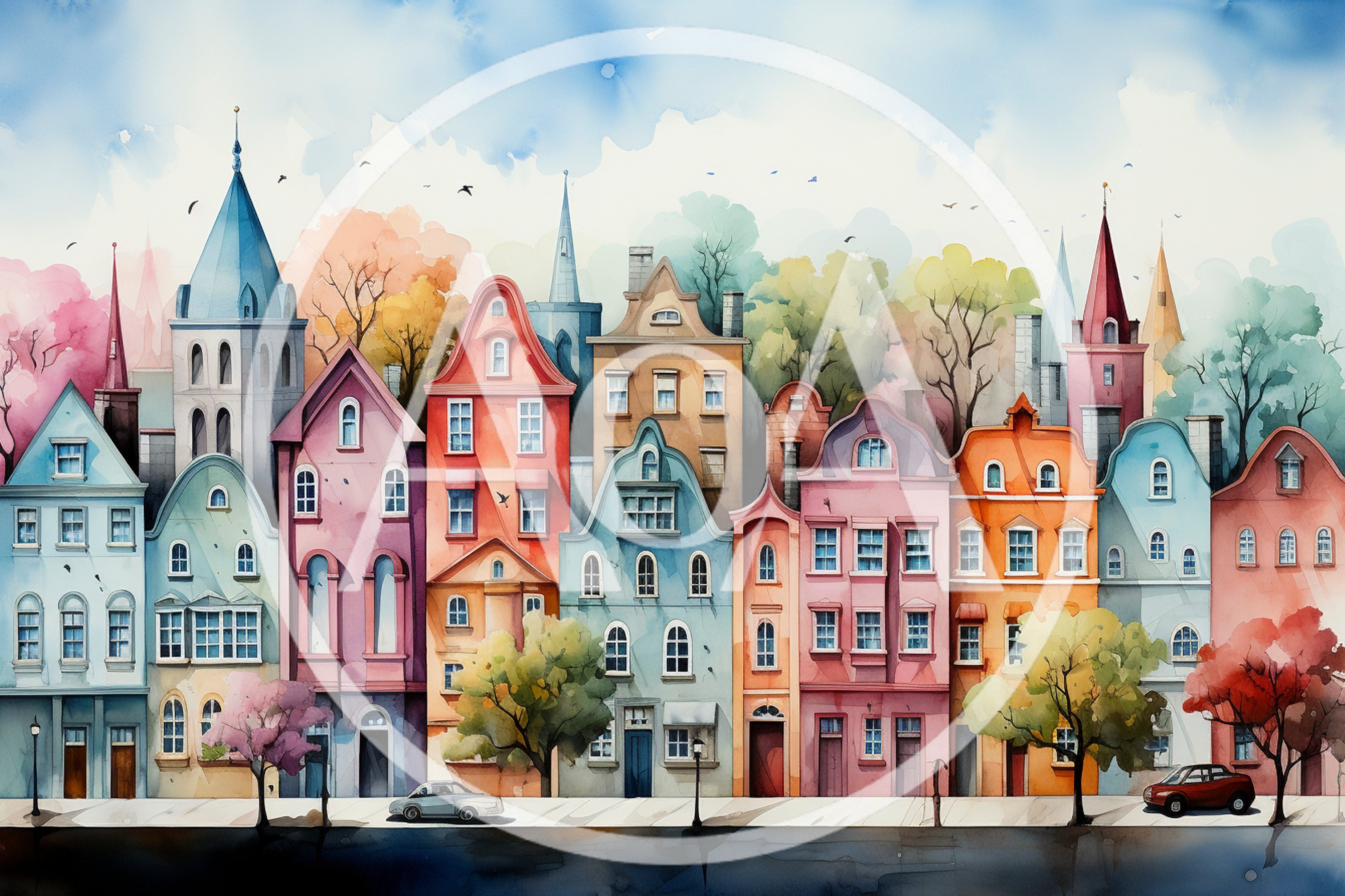 Watercolor Illustration Of A Colorful European Town Street