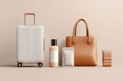 Travel Accessories And Luggage Set On Beige Background