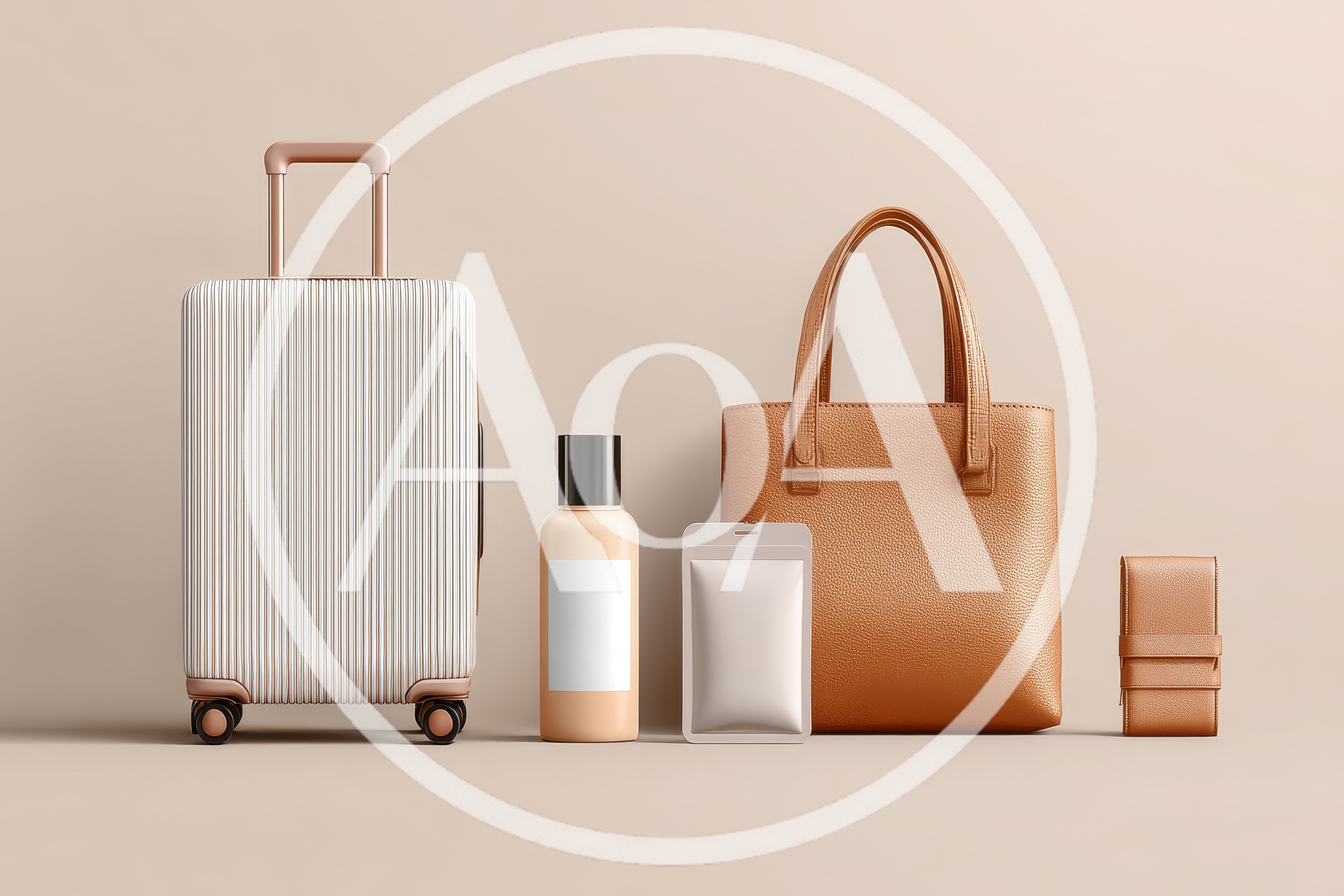 Travel Accessories And Luggage Set On Beige Background
