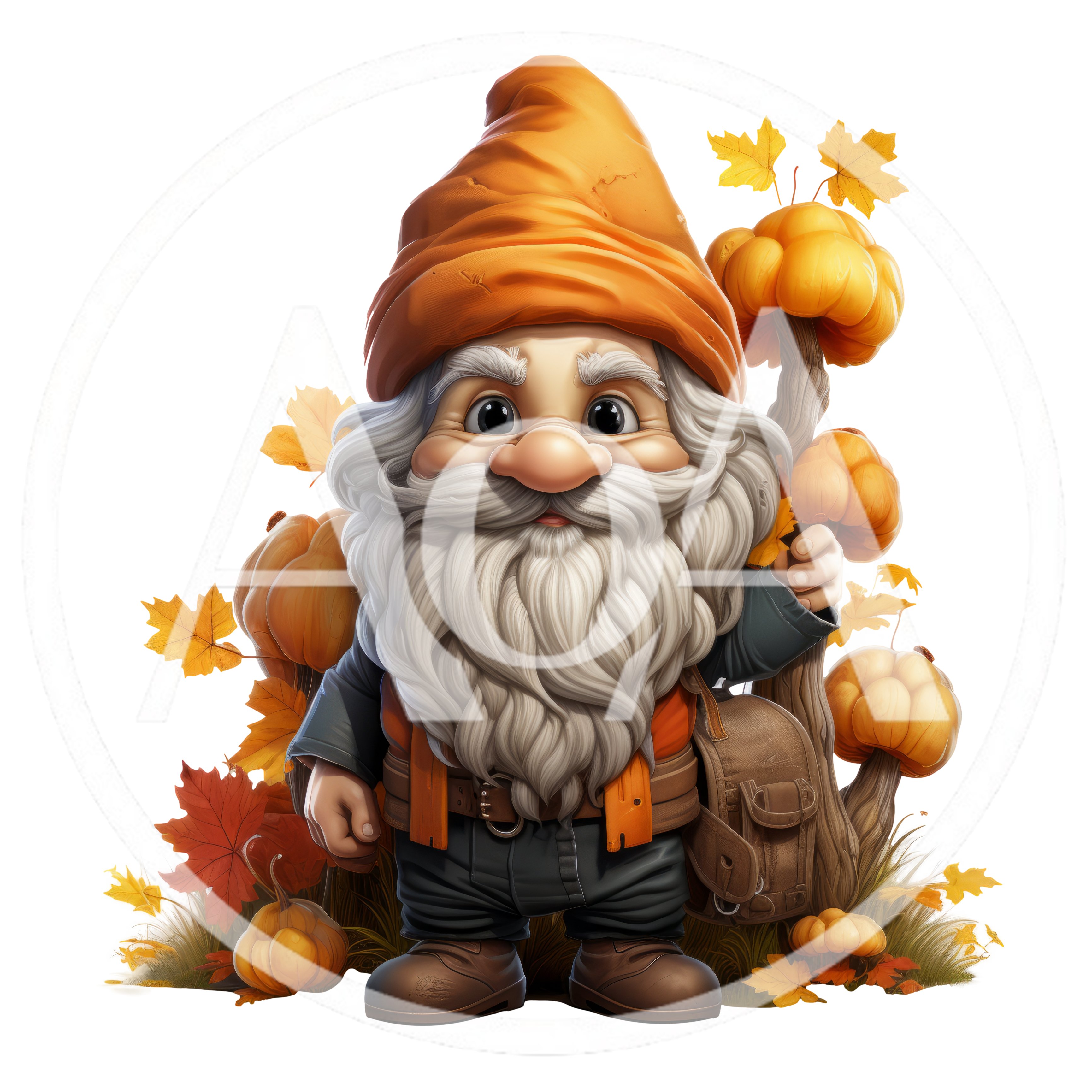 Cute Autumn Garden Gnome With Pumpkins And Leaves