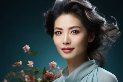 Portrait Of A Beautiful Asian Woman With Floral Accents