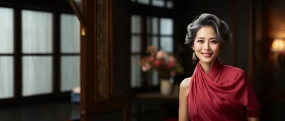 Elegant Mature Asian Woman In Red Evening Dress