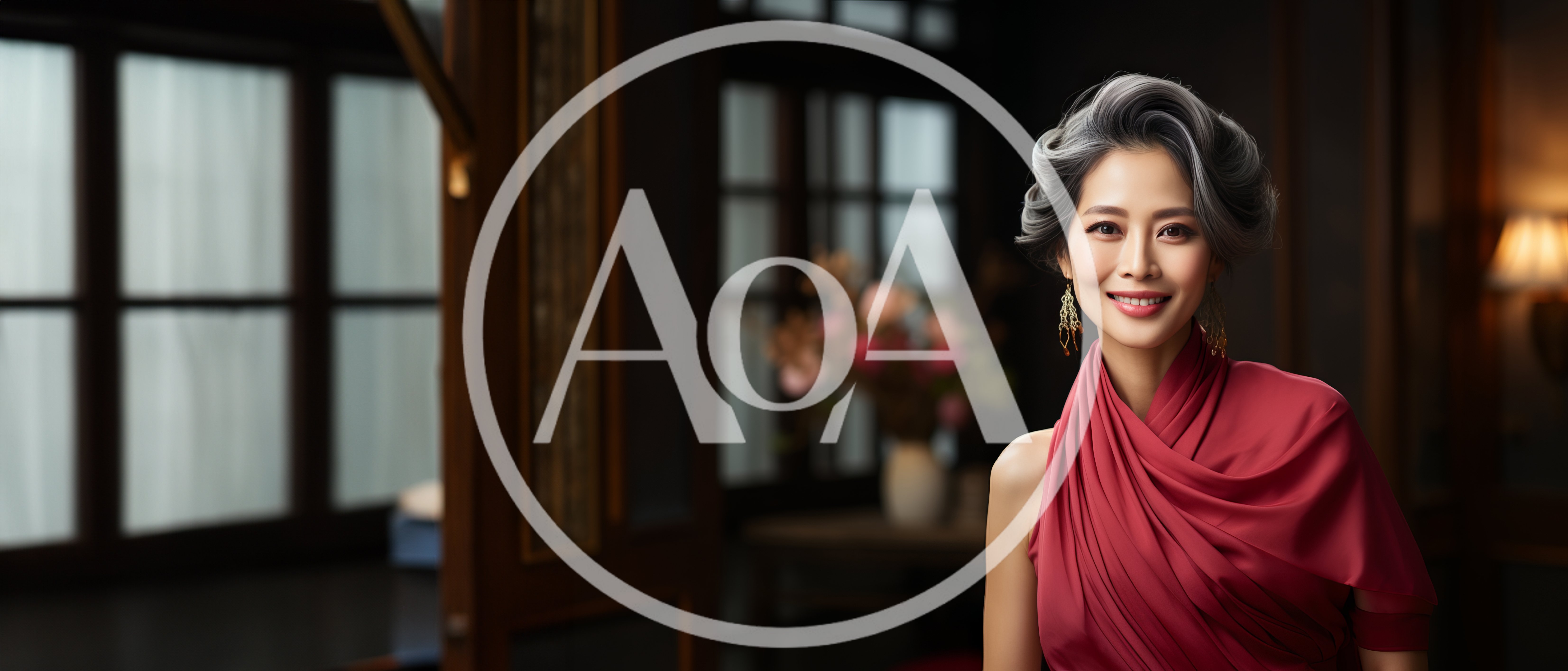 Elegant Mature Asian Woman In Red Evening Dress
