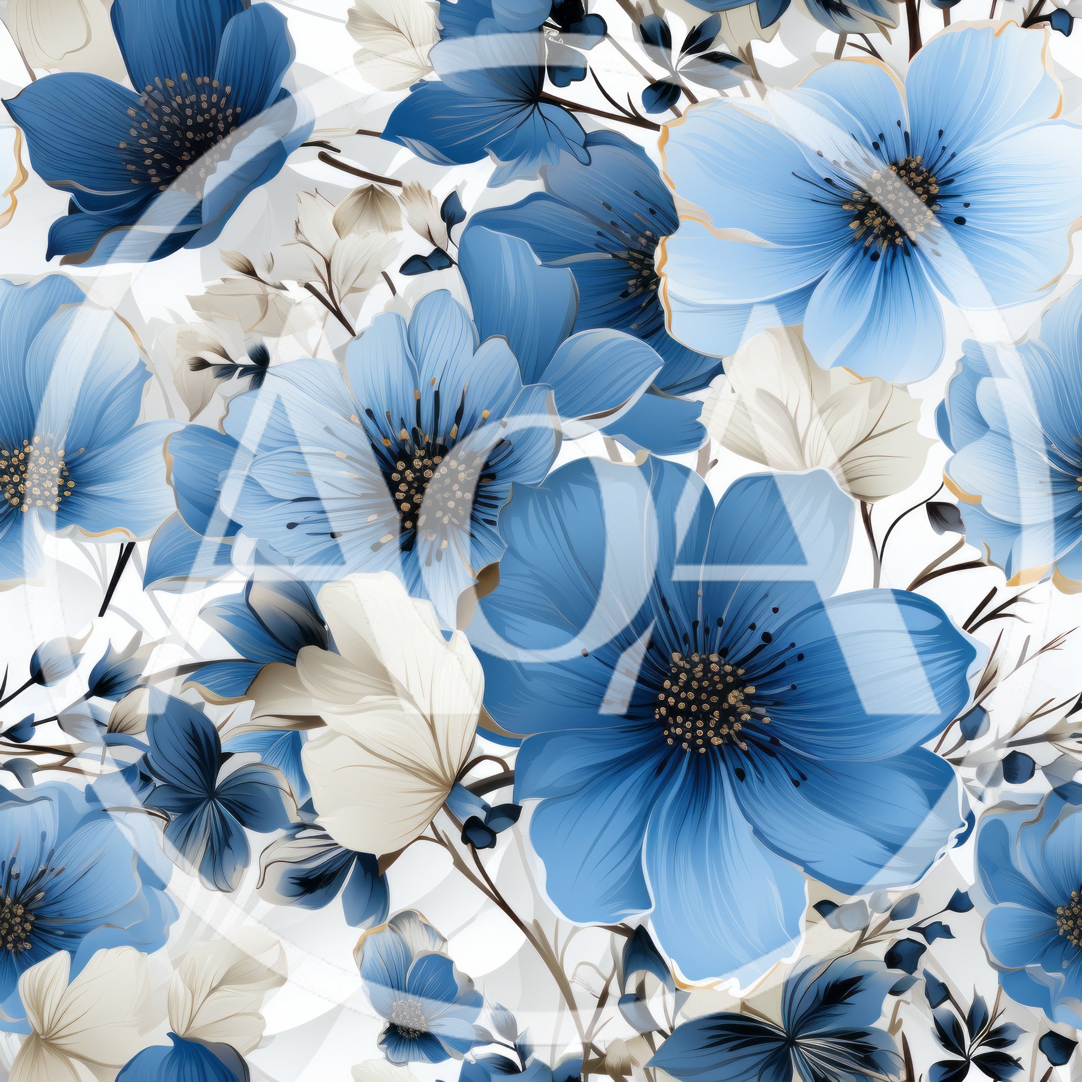 Seamless Pattern of Elegant Blue and White Flowers