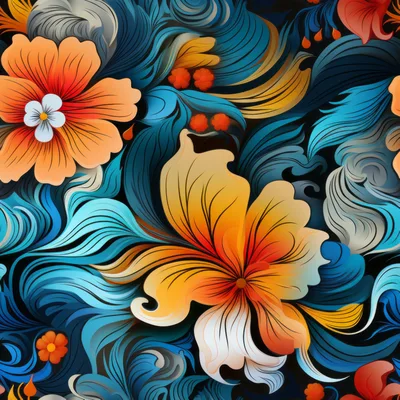 Seamless Floral Pattern With Vibrant Orange And Blue Swirls