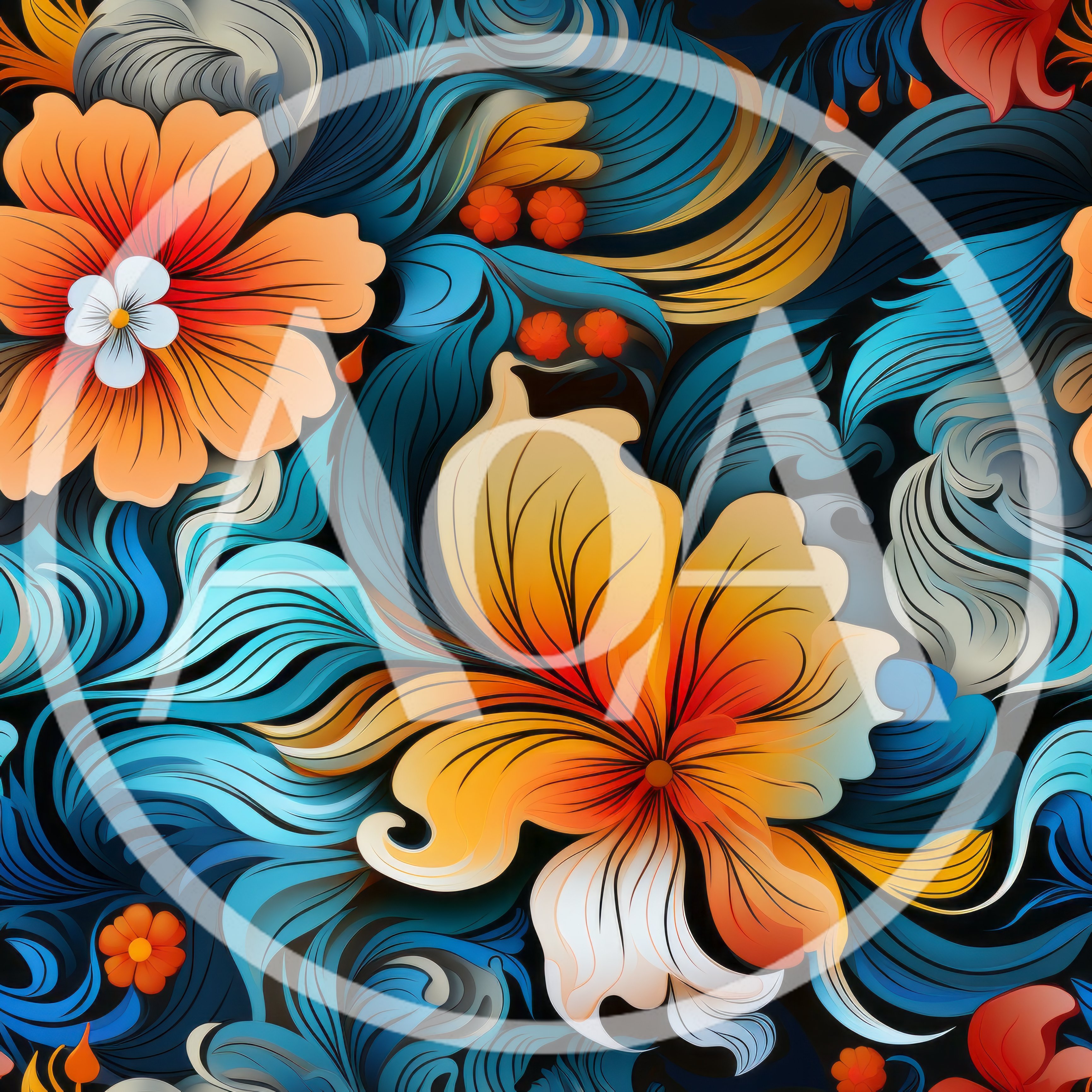 Seamless Floral Pattern With Vibrant Orange And Blue Swirls
