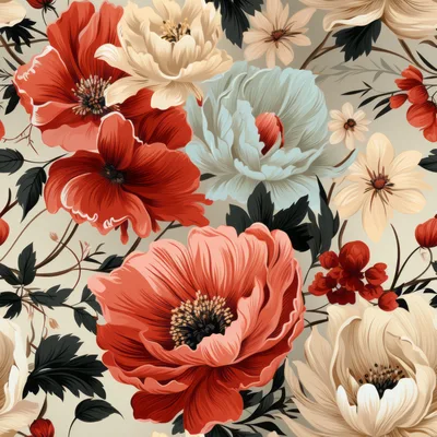 Seamless Floral Pattern With Red And Cream Peonies