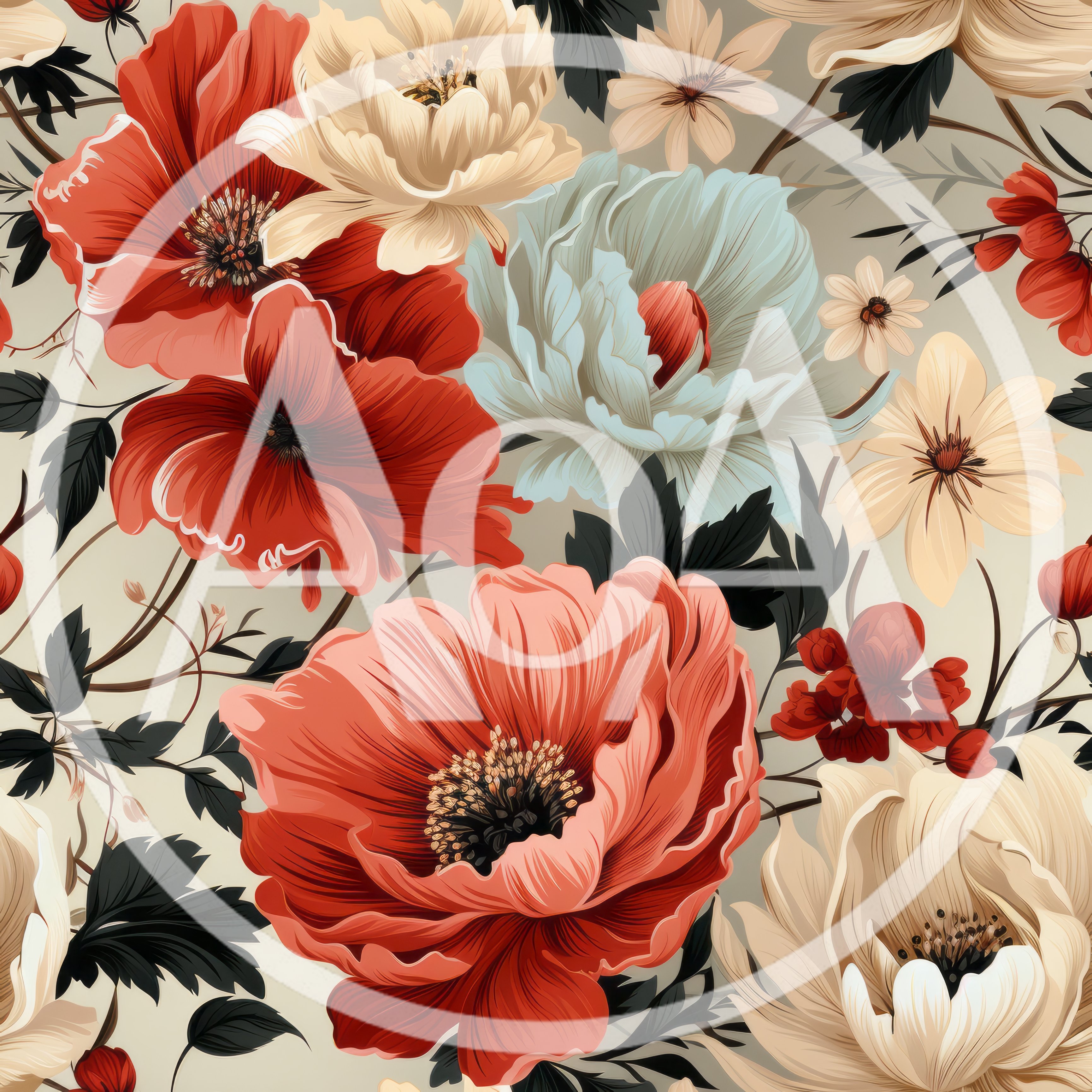 Seamless Floral Pattern With Red And Cream Peonies
