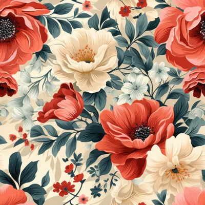 Seamless Floral Pattern With Red And Cream Flowers