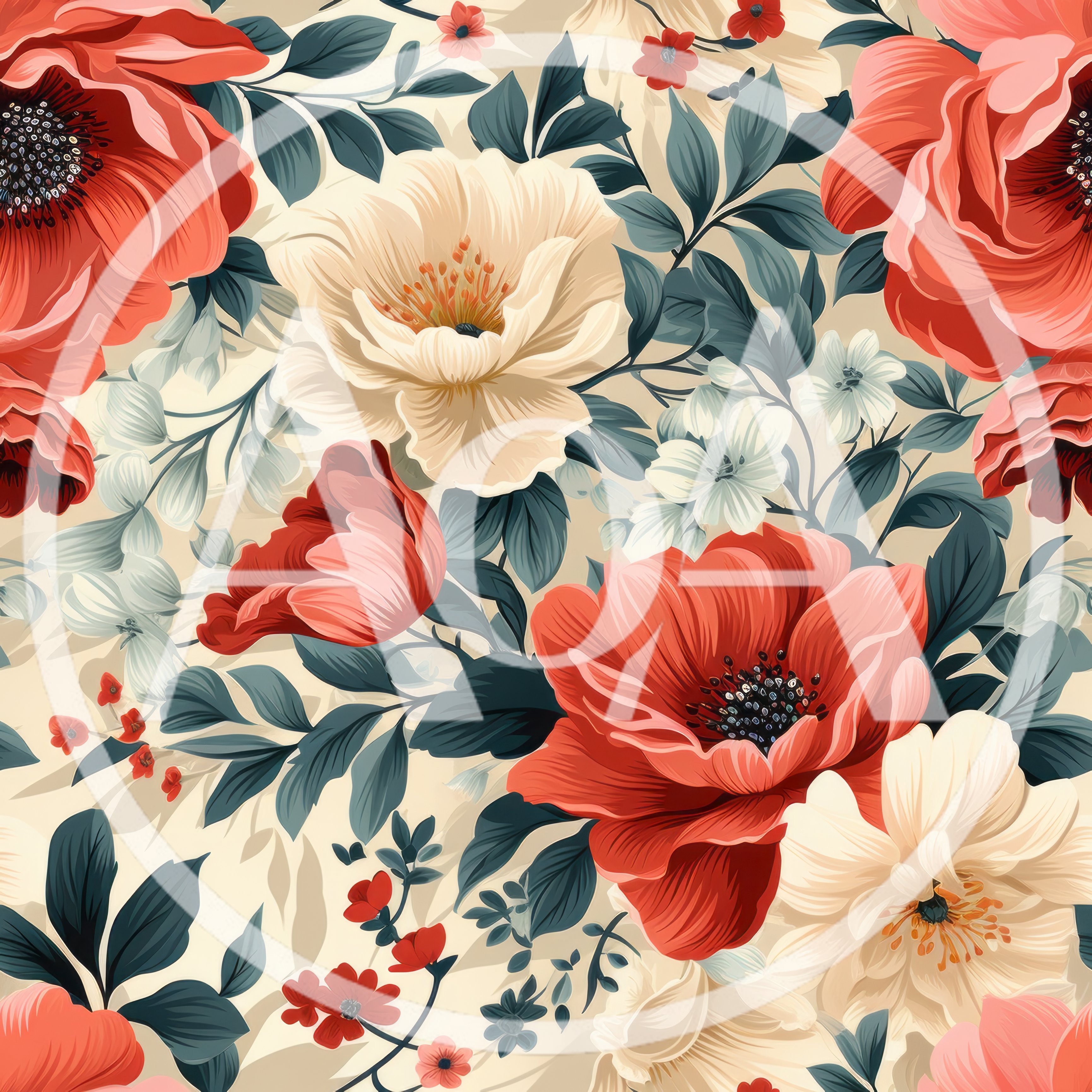 Seamless Floral Pattern With Red And Cream Flowers