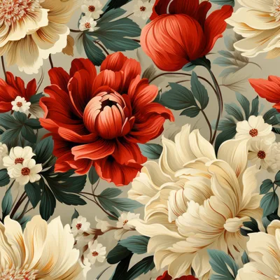 Seamless Floral Pattern With Red And Cream Peonies