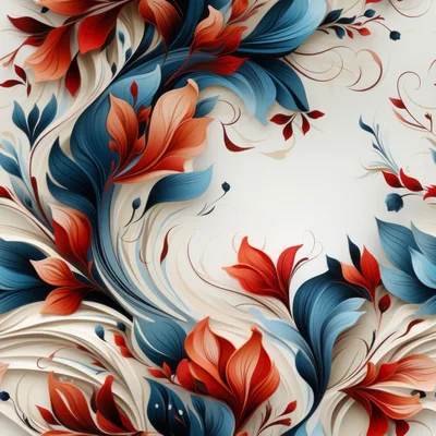 Abstract Floral Swirls With Red And Blue Leaves