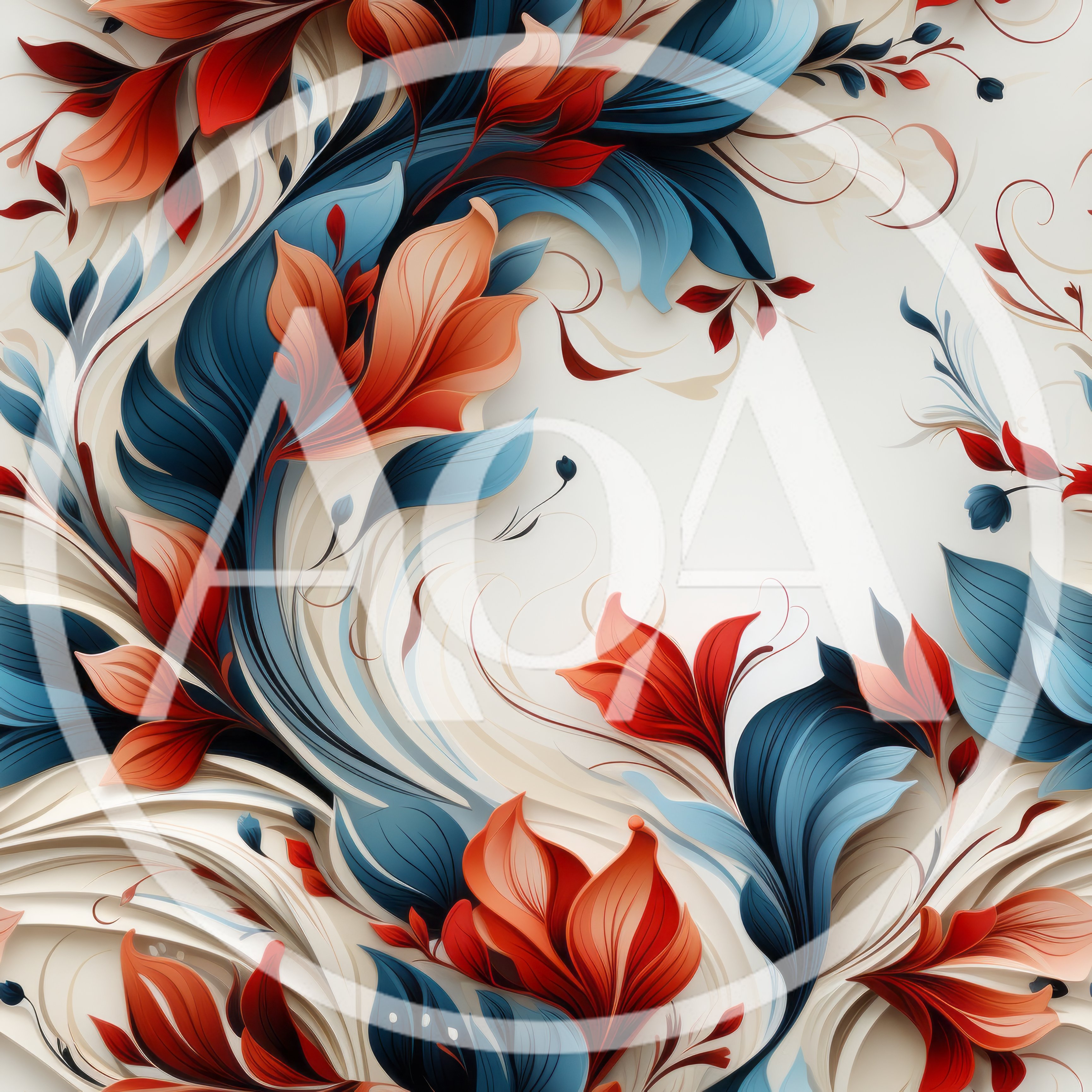 Abstract Floral Swirls With Red And Blue Leaves