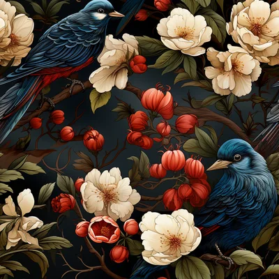 Seamless Pattern With Blue Birds And Floral Elements